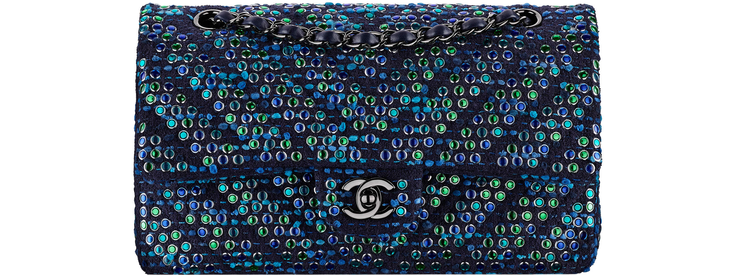 Chanel spring summer 2017 classic flap bag blue tweed studs