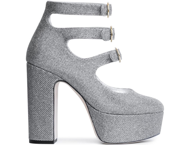 ALEXACHUNG mid heel silver platform pumps glitter fabric
